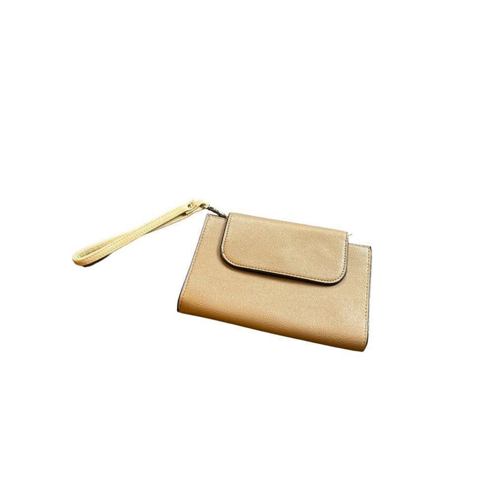 Tan Faux Leather Wristlet Wallet With Polka Dot Interior & Zipper Pocket